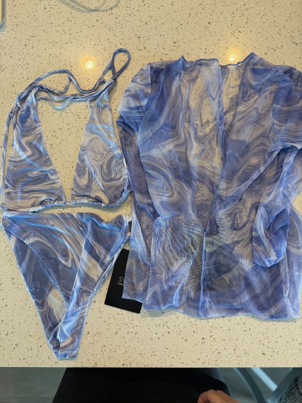 naked wardrobe 3pc Light Blue Blue Marble Swim Cover Up, Triangle Bikini Set S